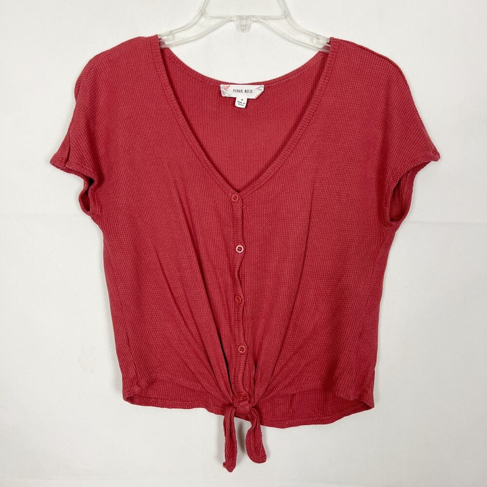 Pink Rose Waffle Knit Tie Front Pink Top Size Small